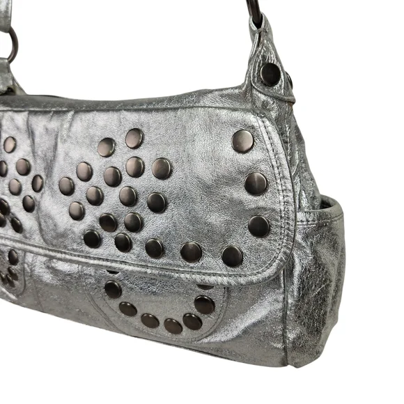 Steve Madden Vegan Silver Metallic Studded Purse Shoulder Bag Y2K Punk Medium - Picture 3 of 16